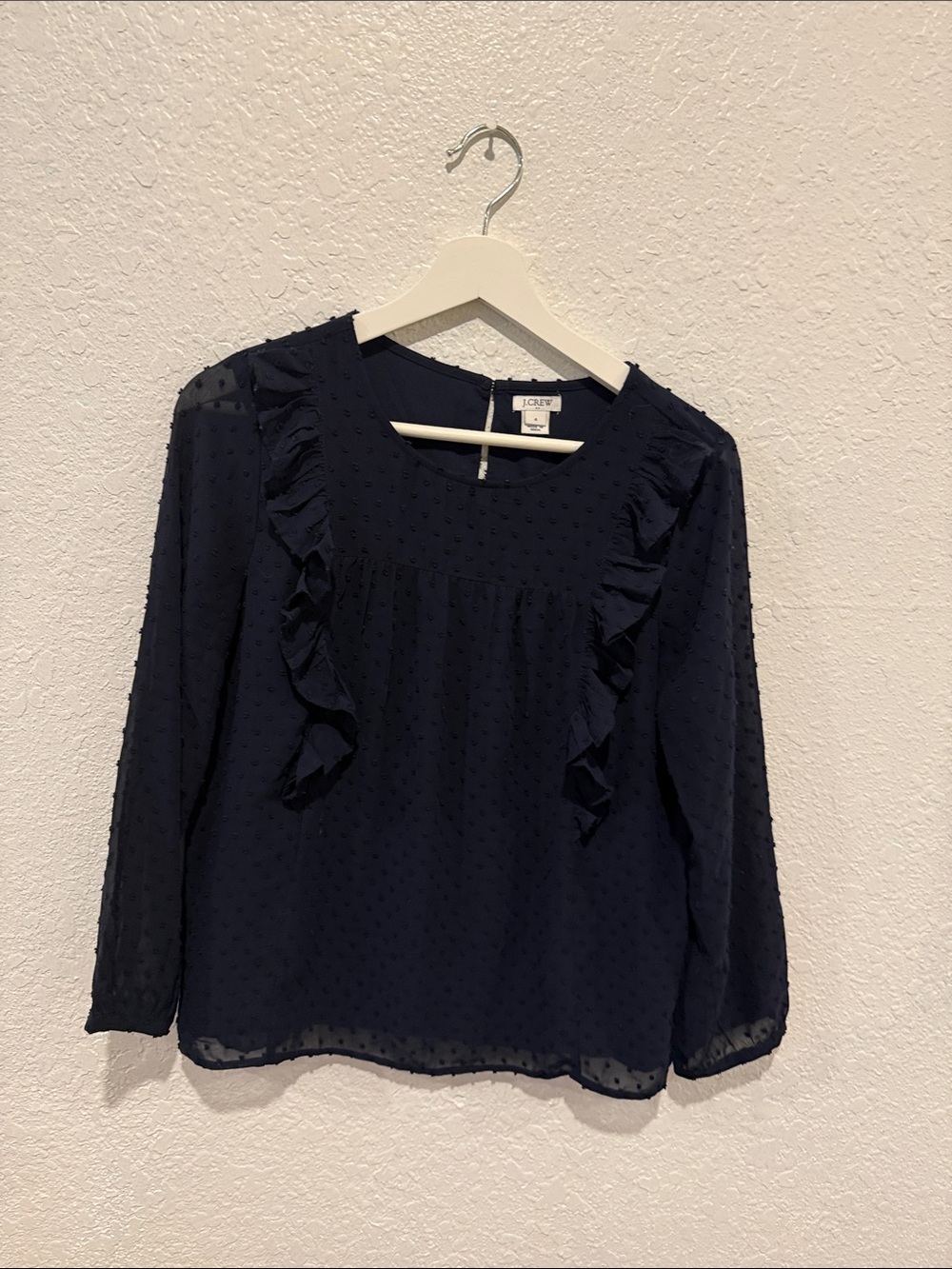 J. Crew Navy Ruffle Swiss Dot Long Sleeve Blouse , women’s M